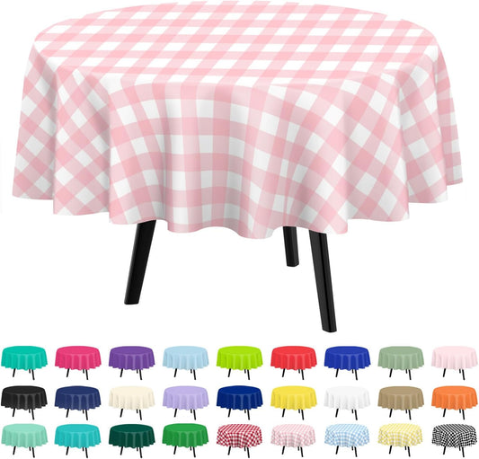 QIKSION Pink Gingham Round Tablecloth 6 Pack, 84 Inch Plastic Checkered Table Cover Disposable for Parties