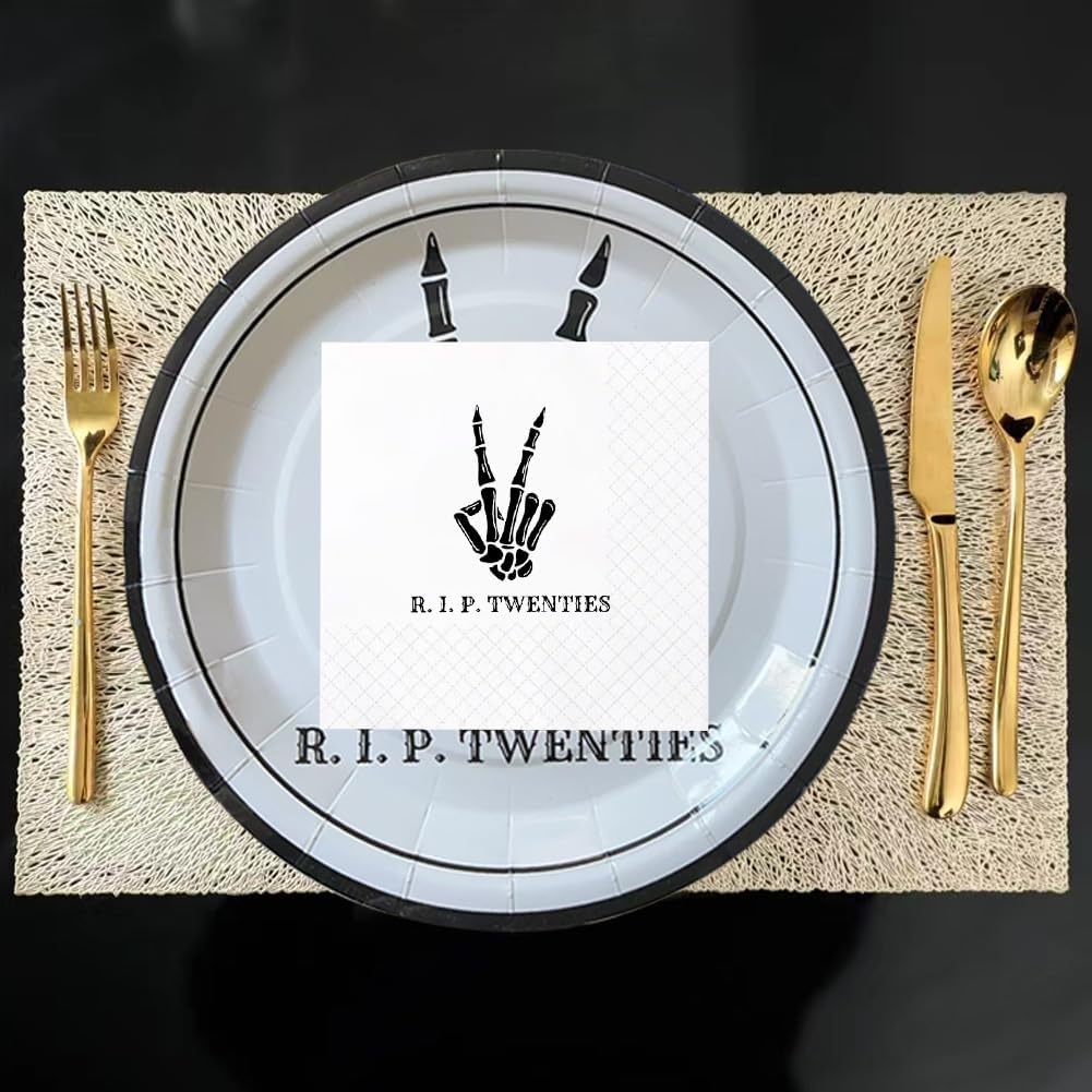 SharkBliss RIP Twenties Party Supplies 240 PCS – Paper Cocktail Napkins Party Cups Water Bottle Labels Toothpick Flags Drinking Straws Gift Tags Forks Plates for Death to My 20s 30th Birthday