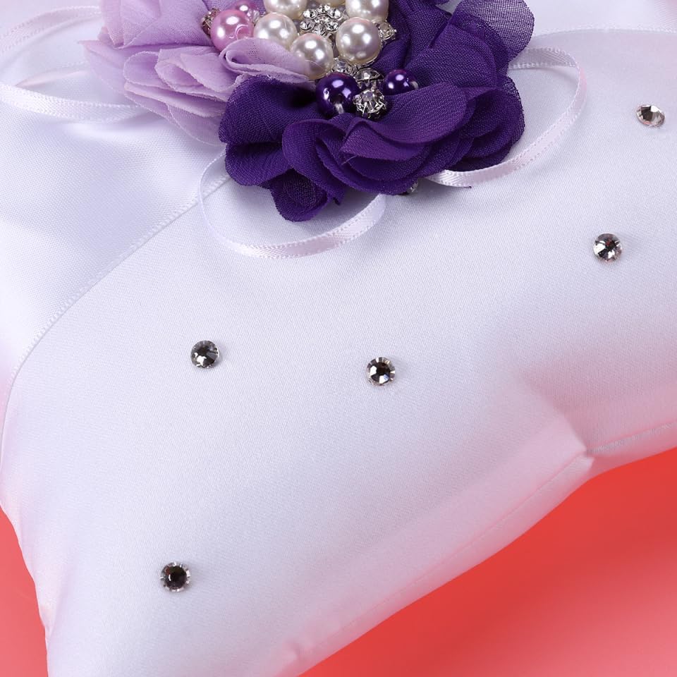 PRETYZOOM Pillow Ring Bearer Wedding Ring Pillow Wicker Flower Crown Decorative Pillows Pearl Rings Flower Girl Accessories Promise Rings for Couples Bride Vintage Jewelry Purple Lovers