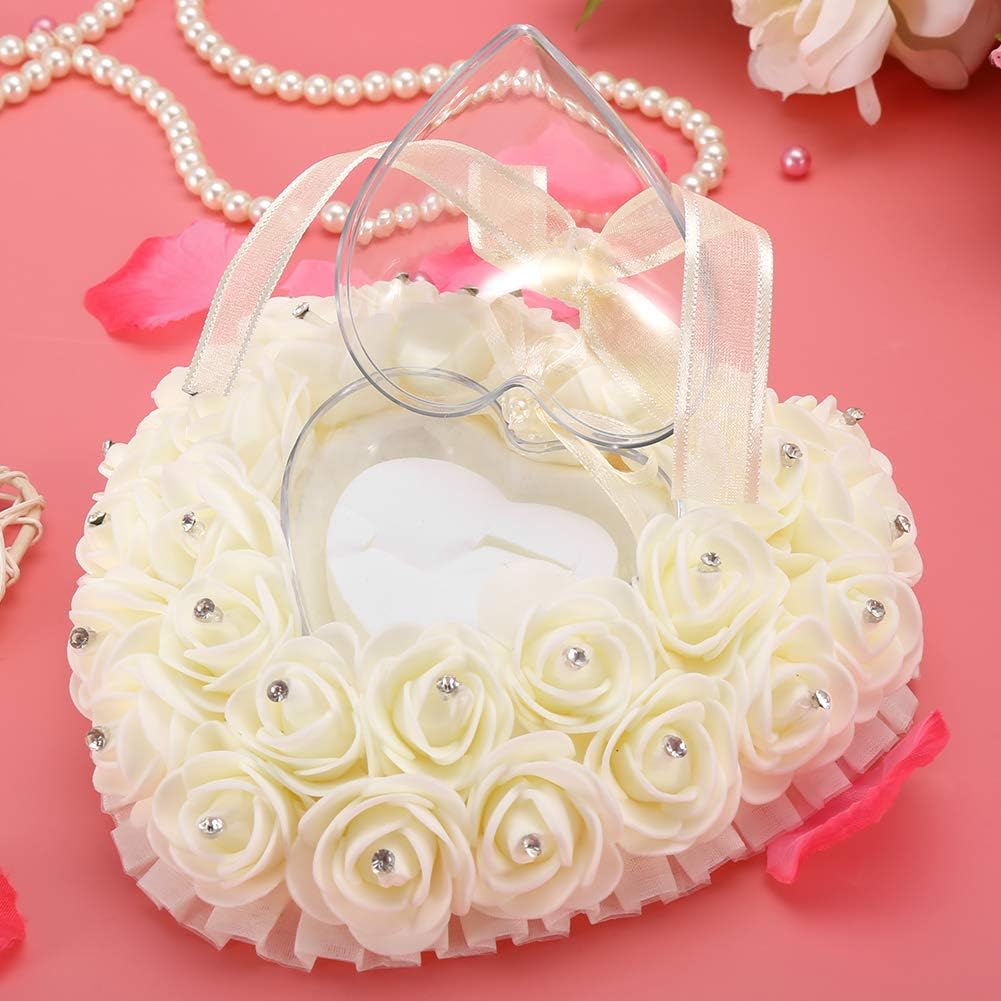 Hilitand Wedding Cushion Pillow Romantic Heart Shaped Wedding Box Rose Rhinestone Decorative Jewellery Boxes(Milky White)