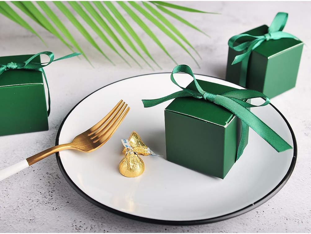 AWELL Dark Green Gift Candy Box Bulk 2x2x2 inches with Green Ribbon Party Favor Box,Pack of 50