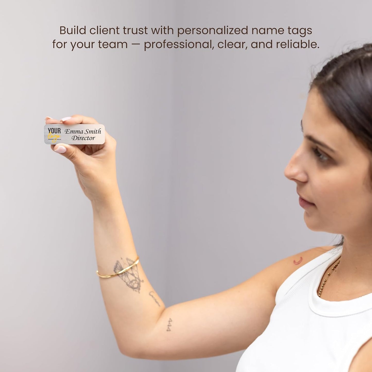 Personalized Name Tag Badges Identification Customized with Text & Logos, Acrylic Name ID for Clothing with Pin or Magnetic Backing, Gold & Silver Plates for Business or Employees