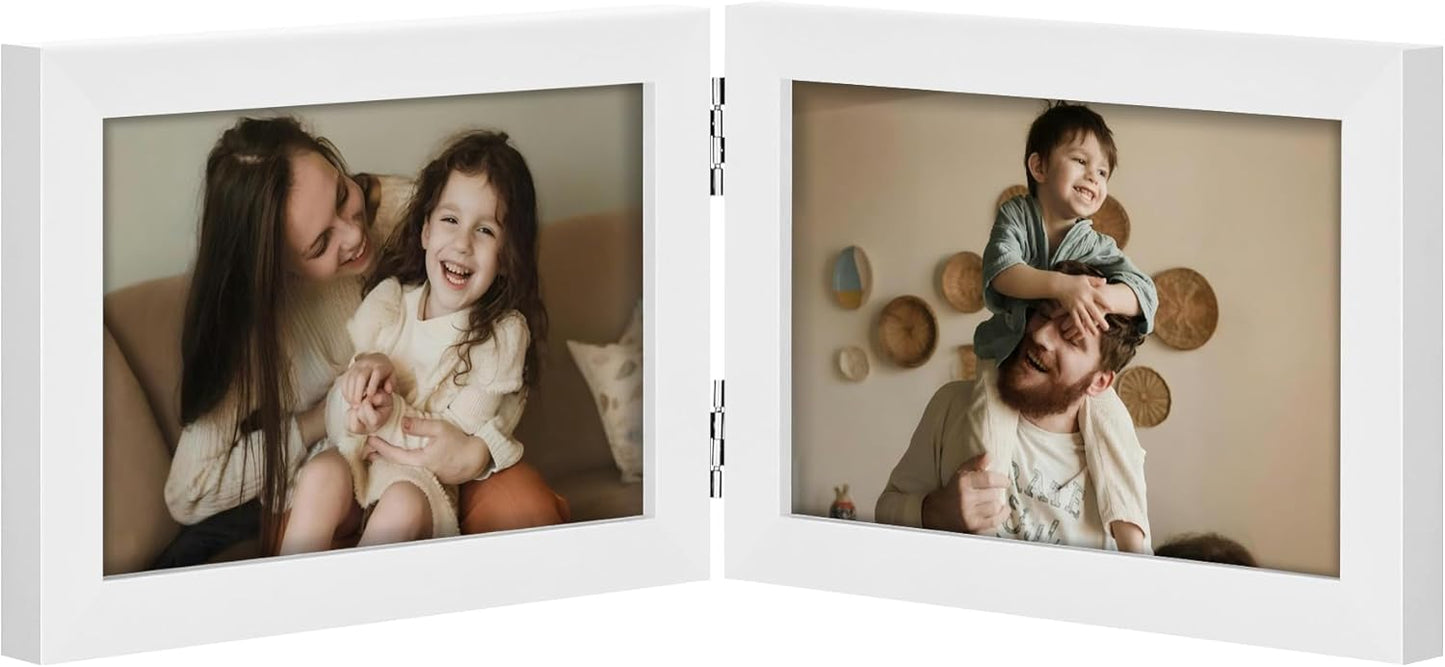 decorUhome Double 6x4 Picture Frame Horizontal, Engineered Wood Bifold Photo Frame with Plexiglass for Tabletop Display, 6x4, White