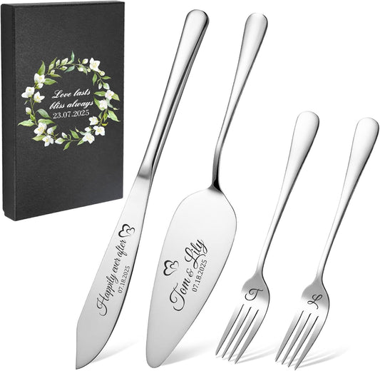 Personalized 4 Piece Wedding Cake Cutting Set, Custom Names Cake Knife and Server set with Forks, Anniversary Birthday Bridal Wedding Registry Gifts (Silver)