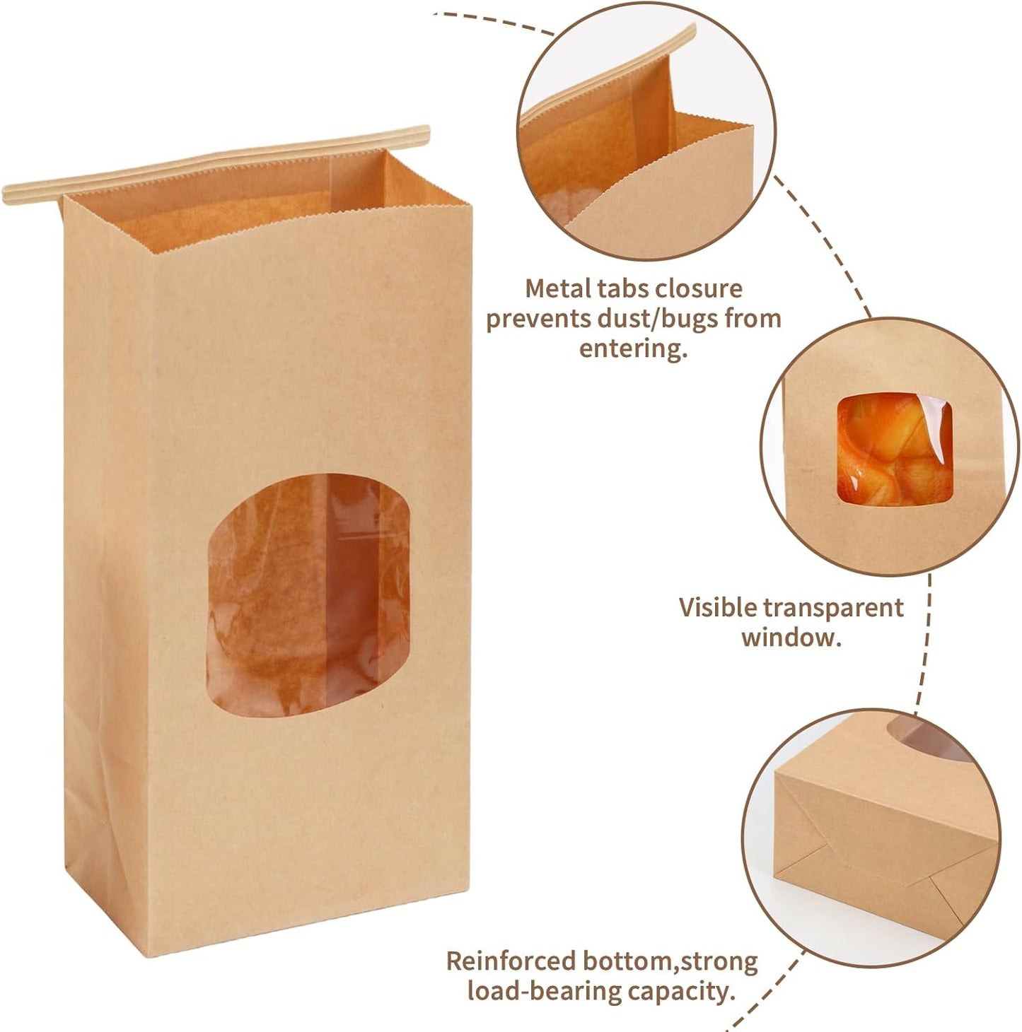 Moretoes 100pcs Medium Bakery Cookie Bags with Window, 4.5x2.36x9.6in Tin Tie Tab Kraft Paper Bags for Cookie Coffee Bread Bakery Packing
