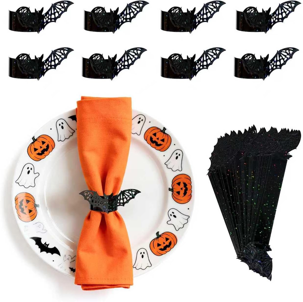 100 Pcs 3D Halloween Bat Napkin Rings, Silverware Wraps Bands,Table Setup Wedding Valentines Day Event Party Supply Table Settings, Glossy Serviette Buckles Decor (Black Bat)
