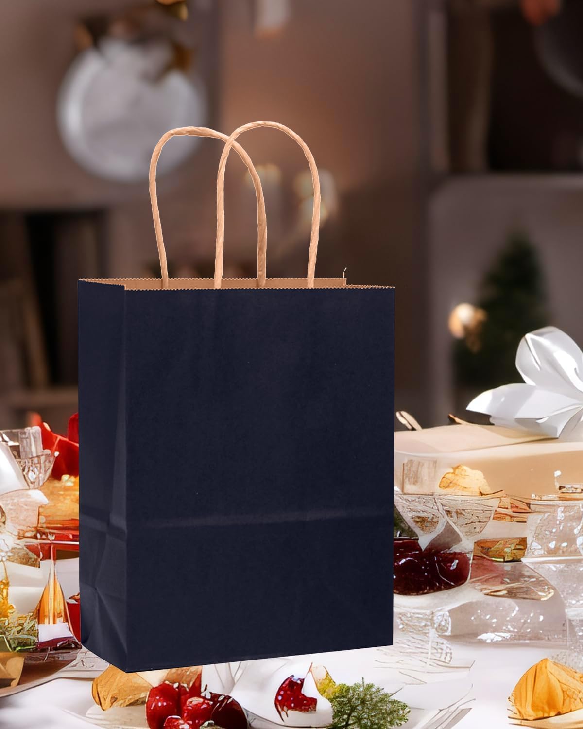 qiqee 100PCS Gift Bag with Handles Bulk Kraft Navy Blue Paper Bags Multiple Uses (13"x10.3"x4.6"- Large Size)