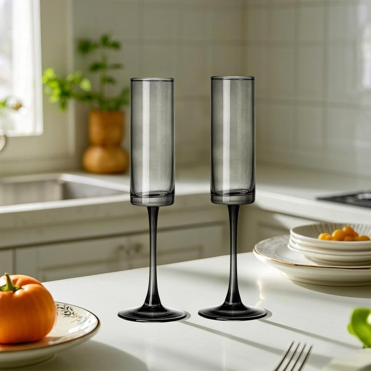 12 Pieces Black Champagne Flutes 6 OZ Straight Sided Wine Glasses Champagne Long Stem Drinking Colored Glasses,Set of 12 Hand Blown Champagne Flutes Goblets for Wedding Cocktail Cups,Cava, Prosecco