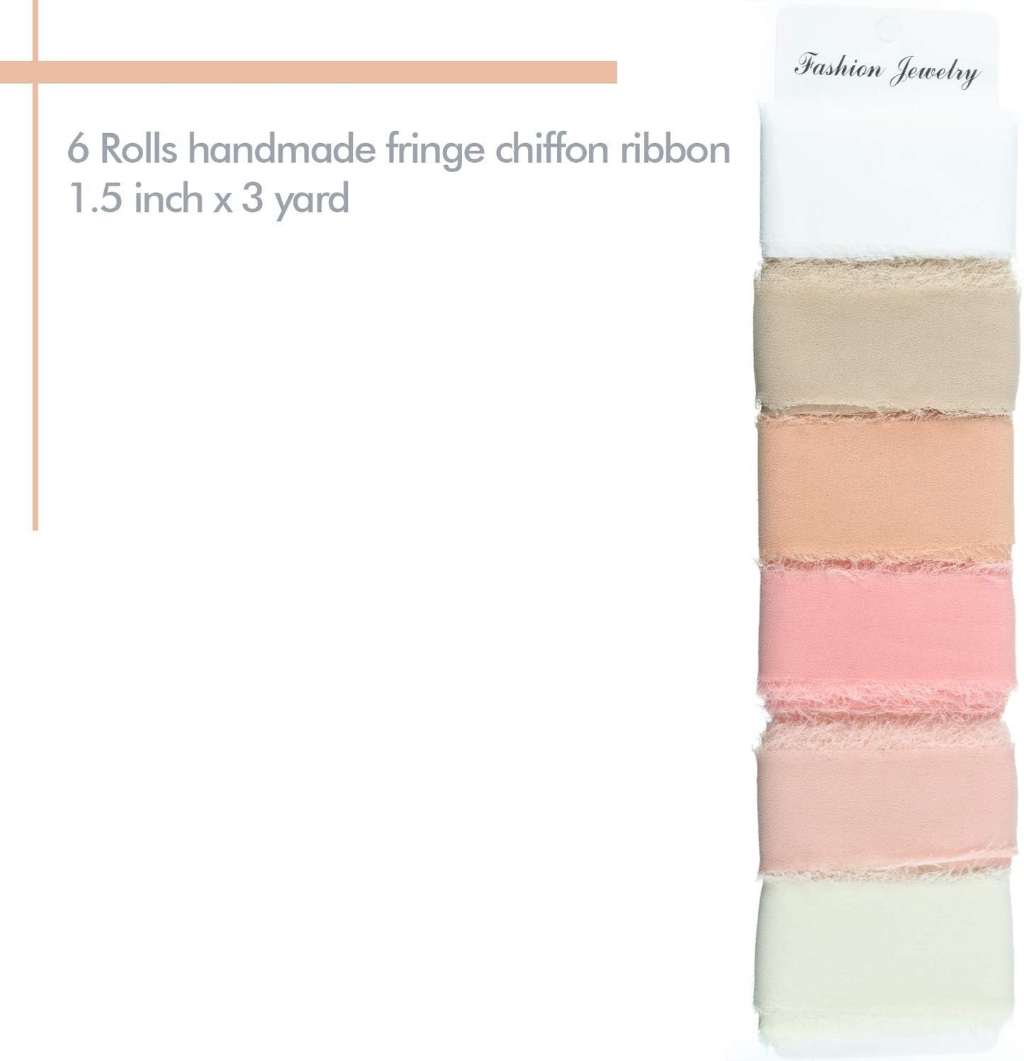 6 Rolls Handmade Fringe Chiffon Silk Ribbon 1.5" x 3 Yd Colorful Ribbon for Wedding Invitations, Bridal Bouquets, Gifts Wrapping, DIY Crafts(Nude Pink Set)