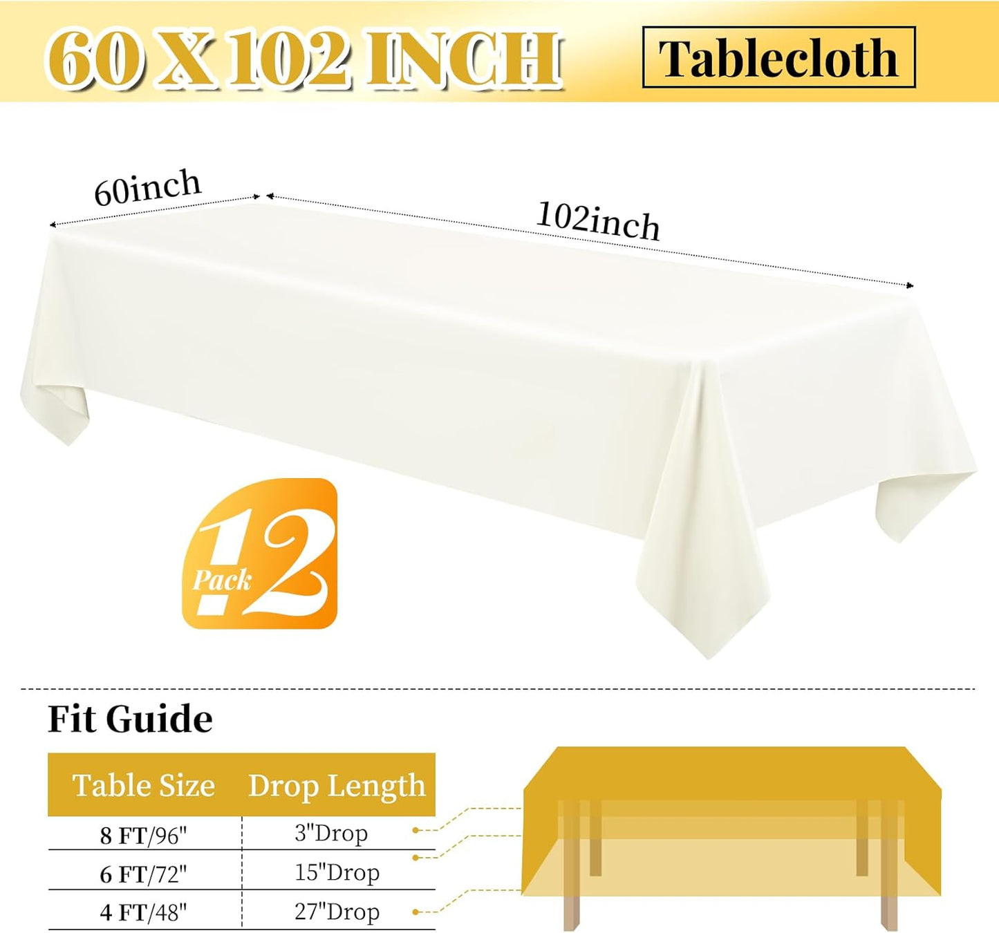 12 Pack Polyester Tablecloth 60 x 102 Inch Ivory Tablecloth for 6 Ft Rectangle Tables,Stain and Wrinkle Resistant Washable Fabric Table Covers Polyester Table Clothes for Wedding Parties Banque