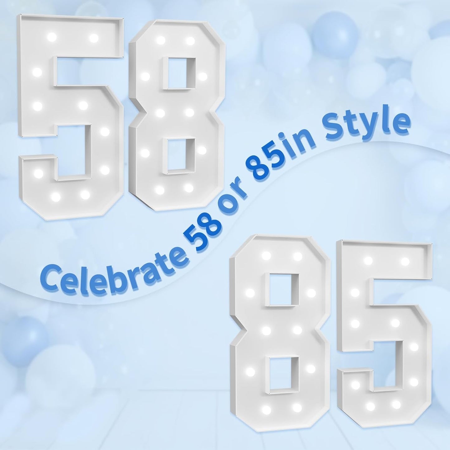 Marquee Numbers Large 58th-Birthday Decorations: 4ft Light Up Number Party Decor 58 Year Old Women And Men 85th Birthday Decoration Backdrop 85 Anniversary Cardboard Big Mosaic Balloon Frame Number 58