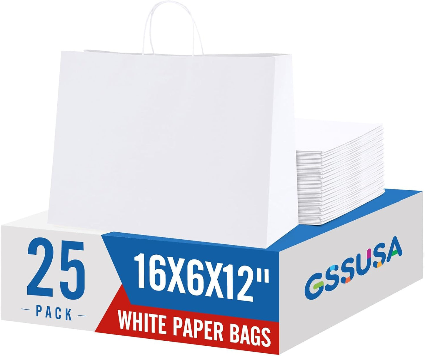 GSSUSA Large Paper Gift Bags 16x6x12'' 25Pcs White Paper Bags with Handles, Shopping Bag for Small Business, Sturdy Kraft Paper, for Boutique, Party Favor Bag, Valentine's Day Craft