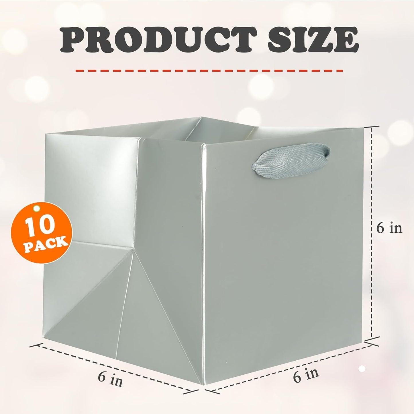 ADIDO EVA Silver Square Gift Bags Small Size Square Bottom Paper Bags with Handles for Party Favor, Shopping Packaging Bag (6x6x6 IN, 10 CT)