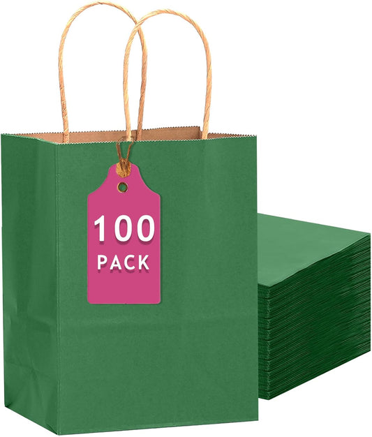 qiqee 100PCS Gift Bag with Handles Bulk Kraft Deep Green Paper Bags Multiple Uses (13''x5 x10 inch Large Size)