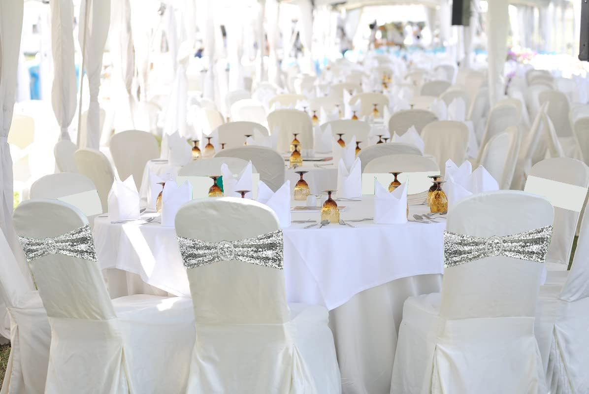 10 Pcs Chair Sashes Sequin Stretch Chair Bands Spandex Polyester Bows for Party Hotel Wedding Banquets Decoration -Silver