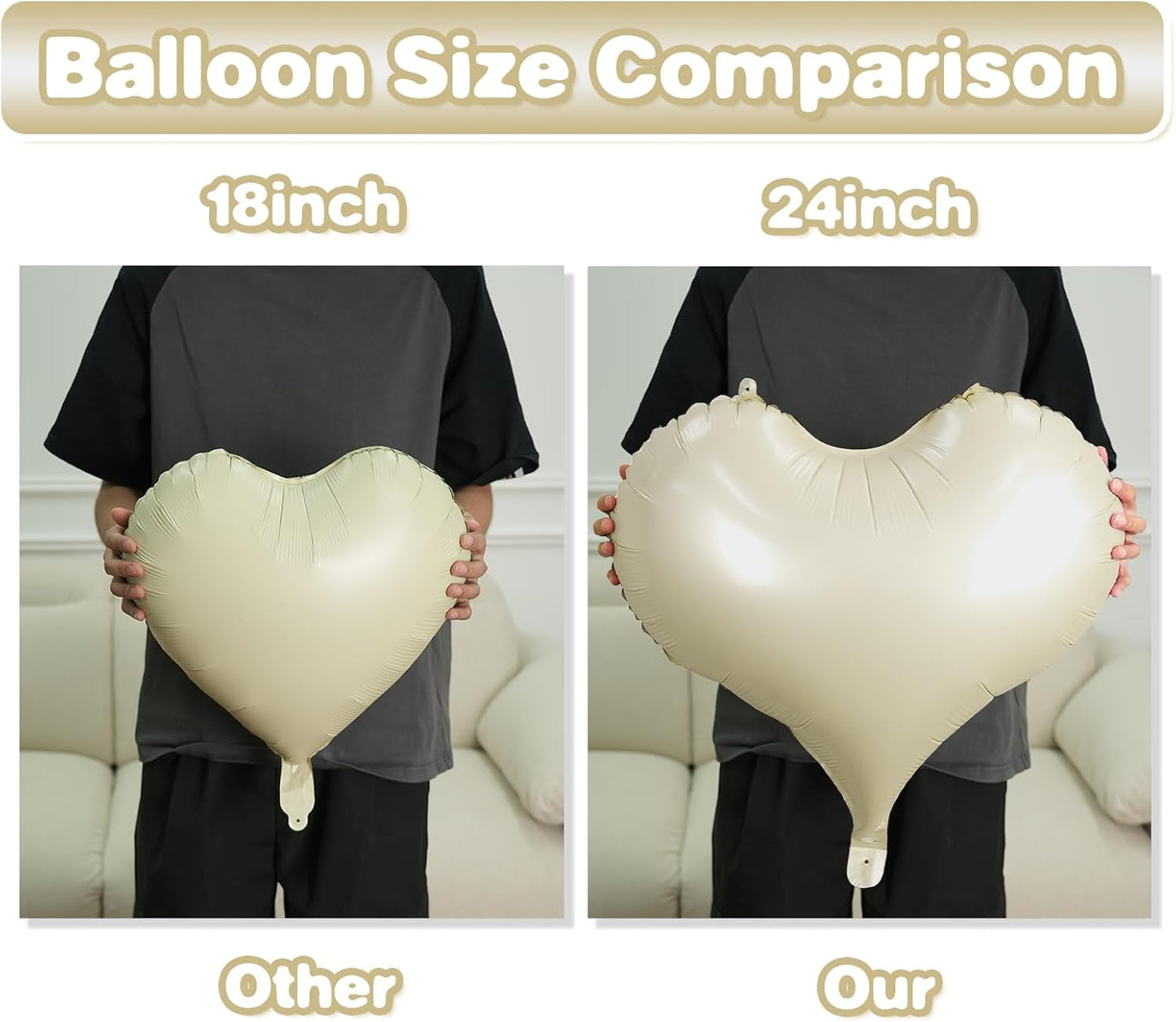 Cream White Beige Heart Balloons,24Inch Large Heart Foil Balloons for Valentine's Day Birthday Wedding Baby Shower Anniversary Party Decorations