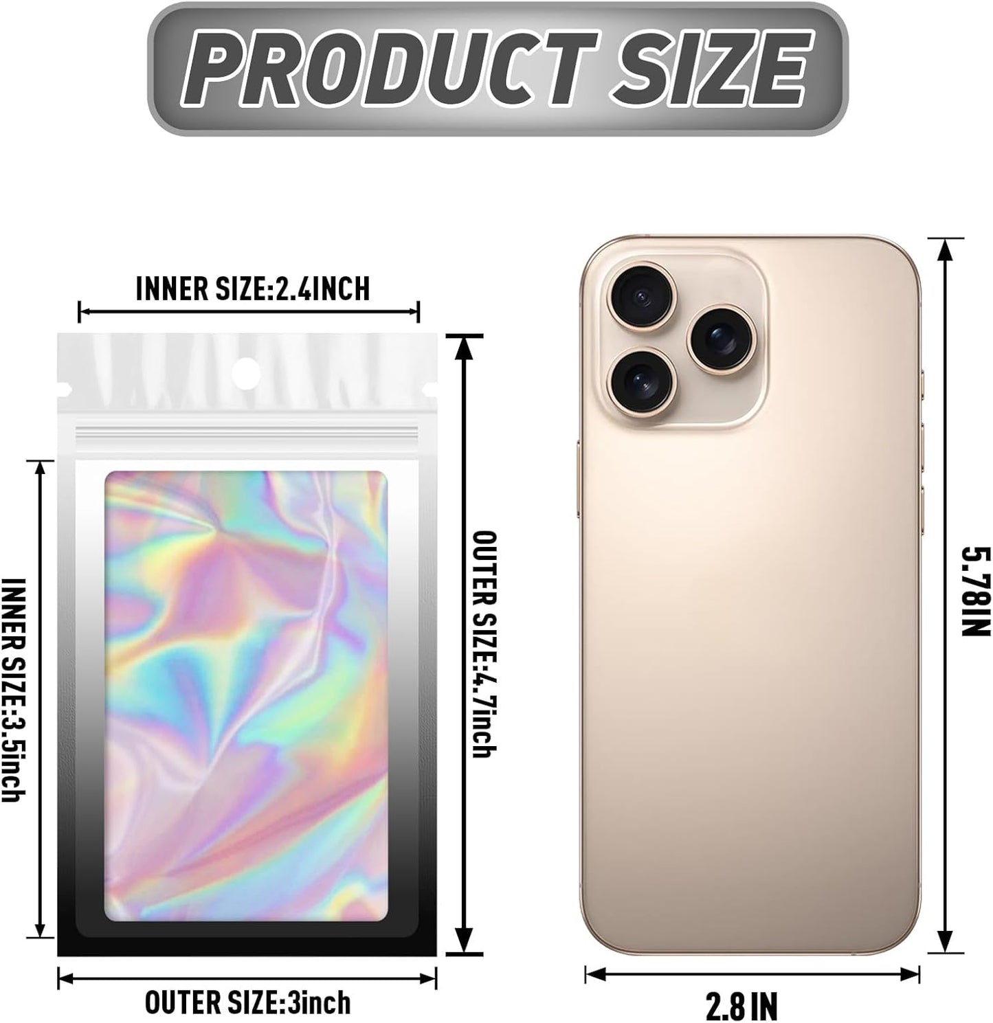 Funfery 100 Pack Gradient Holographic Bags,Resealable Bags with Zipper,Clear Window Packaging Pouchs,Foil Bag for Food Storage,Small Business,Sample Jewelry Bag(3×4.7In,White Black)