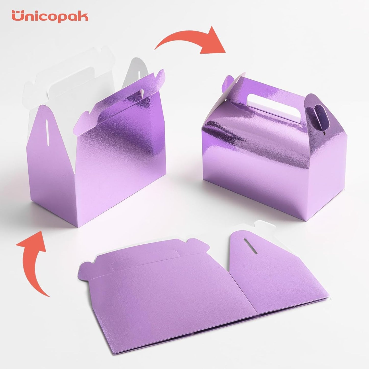 UnicoPak 30 Pack Glossy Purple Gable Treat Boxes, Party Favor Boxes, Gift Boxes for Kids, for Snacks, Candy, Toys, Birthday Party, Wedding, Halloween, Christmas – 6.5x3.5x4 Inches