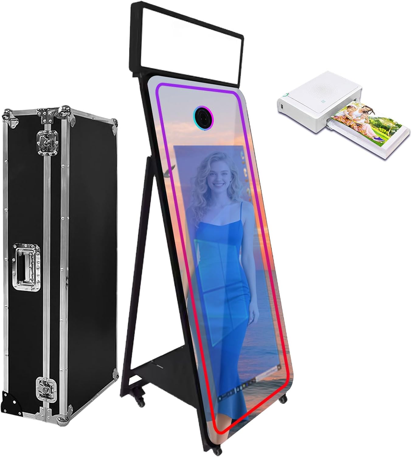 65''Magic Mirror Photo Booth Machine,Mirror Photo Booth 43''Touch Screen,Photo Booth with Flight Case,App Control,RGB Light for Wedding Party Events (Black, Machine+Mini Printer)