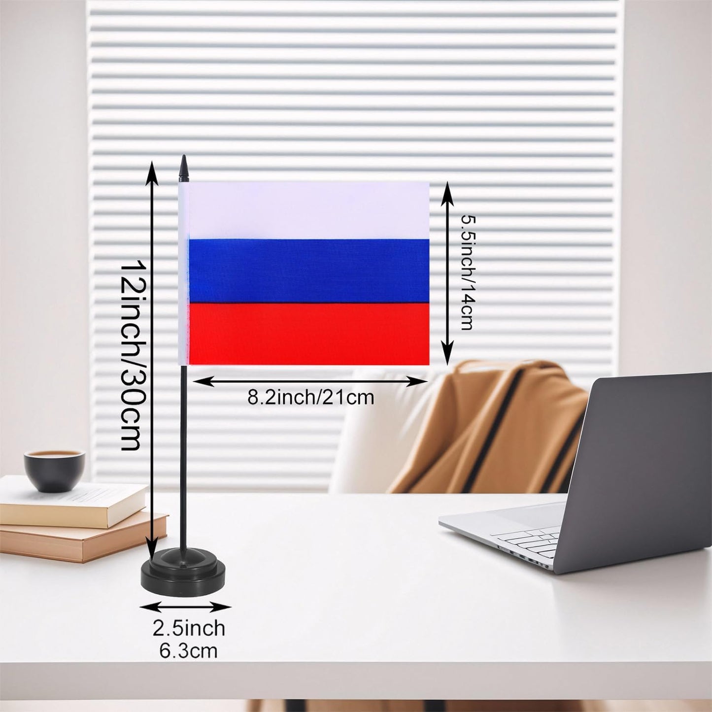 Russia Desk Flag 12" Solid Pole Deluxe Set Russians Flags Banner Mini Small Russia Office Table Flags with Black Stand Base Desktop Decorations(2Pack)