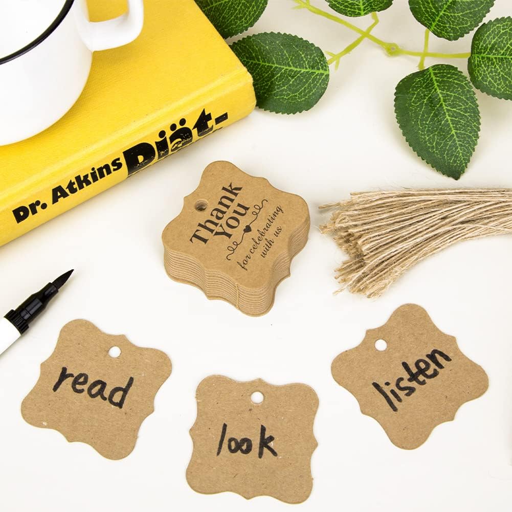 SallyFashion 150 PCS Thank You Brown Gift Tags with String, 2 x 3 Inches Paper Gift Tags for Party Favors Weddings, Bridal and Baby Showers Birthdays
