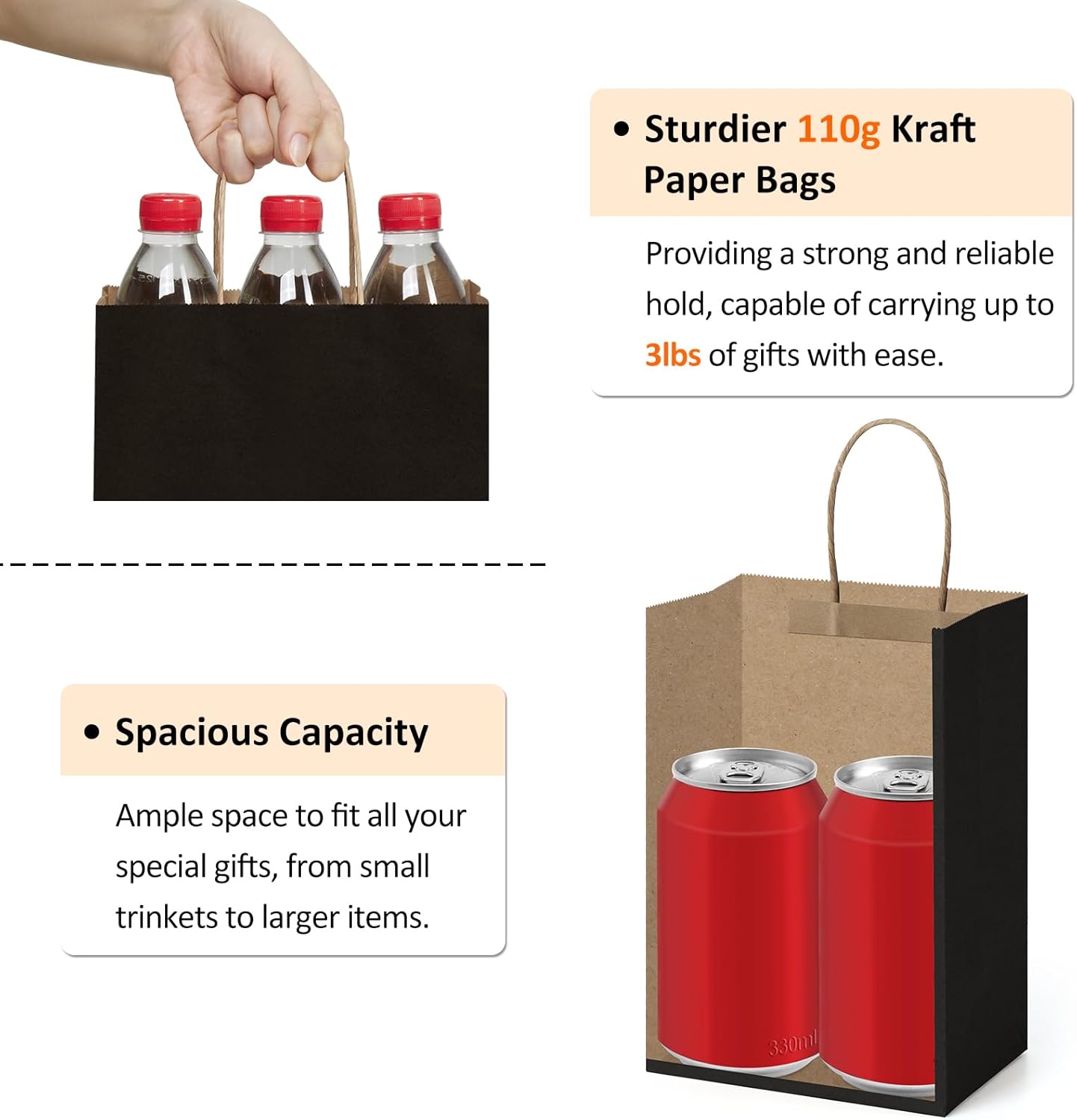 BagDream 150 Pack Small Black Gift Bags 5.25x3x8 Inch Kraft Paper Gift Bags with Handles Bulk Shopping Merchandise Retail Business Wholesale Birthday Party Favors Bags Paper Sacks