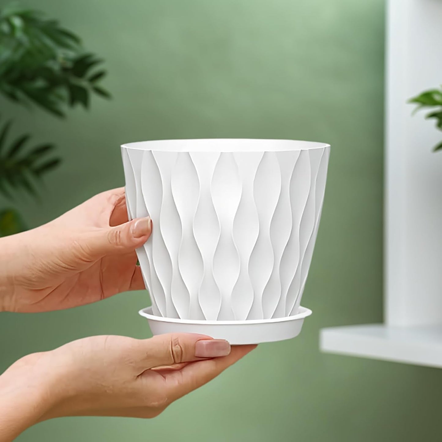 4 Inch Small Pots for Plants, 6 Pack Waffle Texture Small Plant Pots for Succulents, Plastic Planter with Drainage Holes and Saucers for Indoor Outdoor Plants, Flowers, Herbs, Seedlings, White