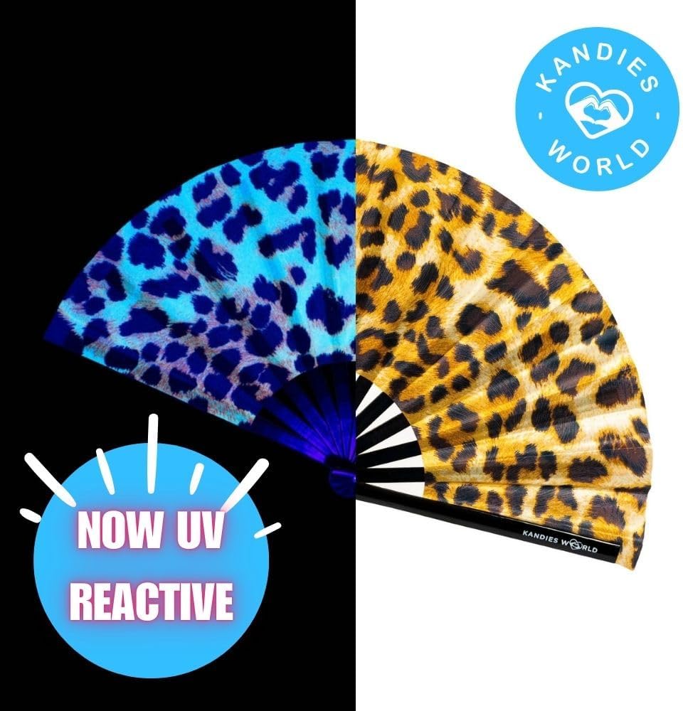 Kandies World UV Reactive Custom Festival Folding Hand Fan - Unique Designs, Made of Bamboo, Clacking Sound, Lightweight - Perfect Rave and Festival Accessory!