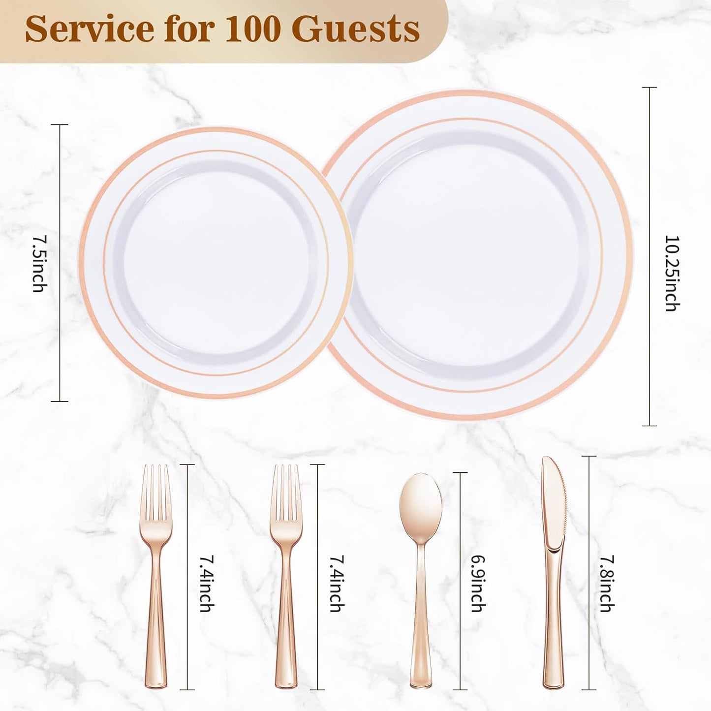 600PCS Rose Gold Plastic Plate Set (100 Guests), Plastic Plates for Party Wedding Birthday, Disposable Dinnerware Set of 200 Plates, 200 Forks, 100 Spoons, 100 Knives for Christmas