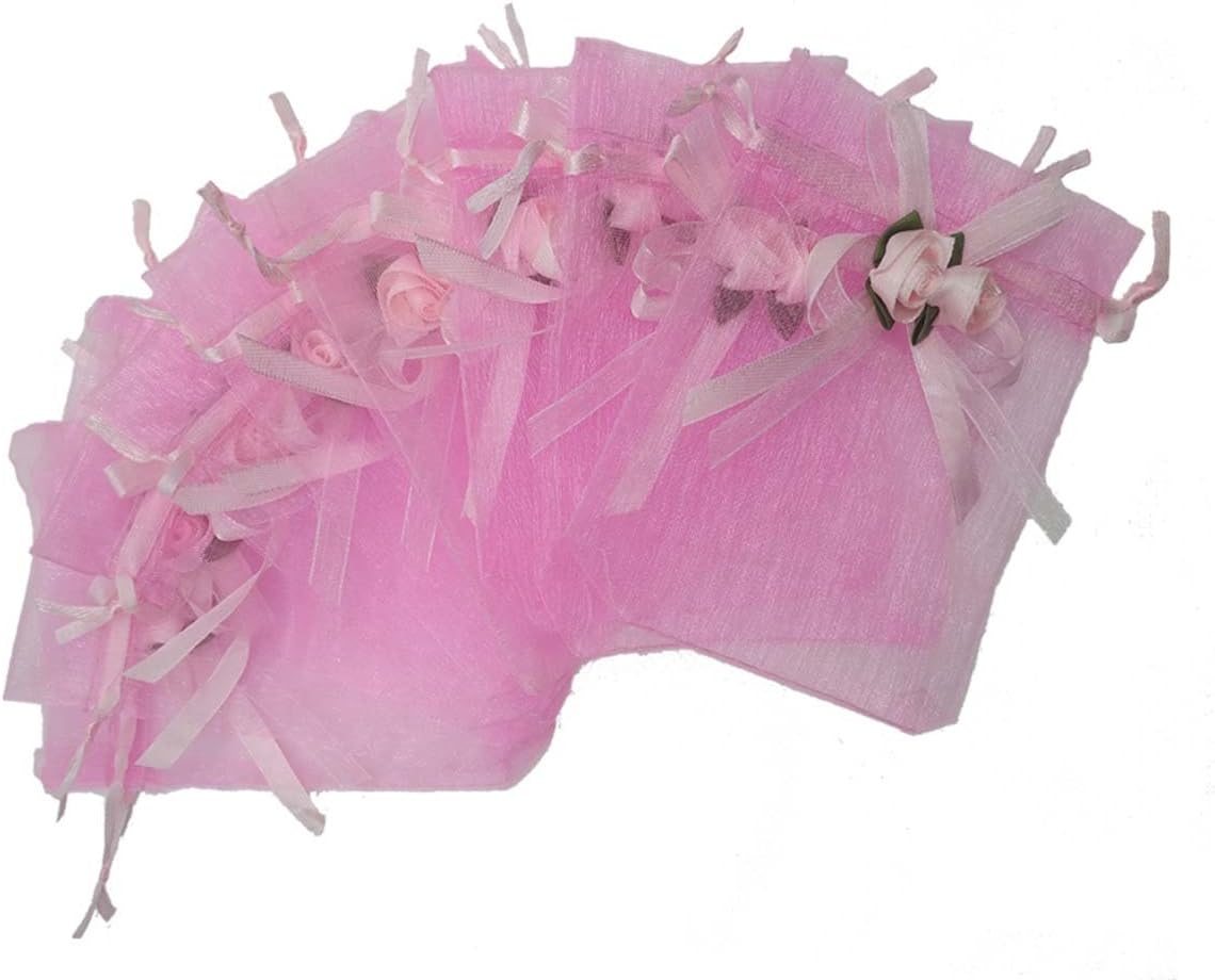 Ankirol 50pcs Sheer Organza Favor Bags For Wedding 3.8x4.8'' Gift Bags Samples Display Drawstring Rose Pouches (pink)