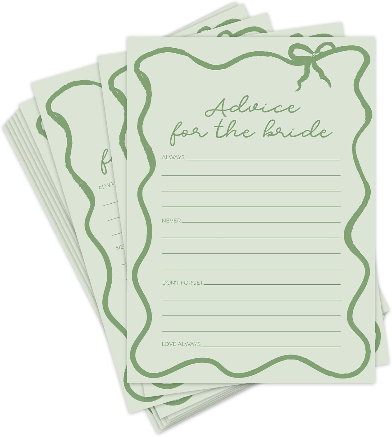 DEEKA 30 PCS Bridal Shower Games Card for 30 Guests Sage Green Wavy Border Ribbon Bow Funny Wedding Bachelorette Party Games for Reception (Advice for The Bride)