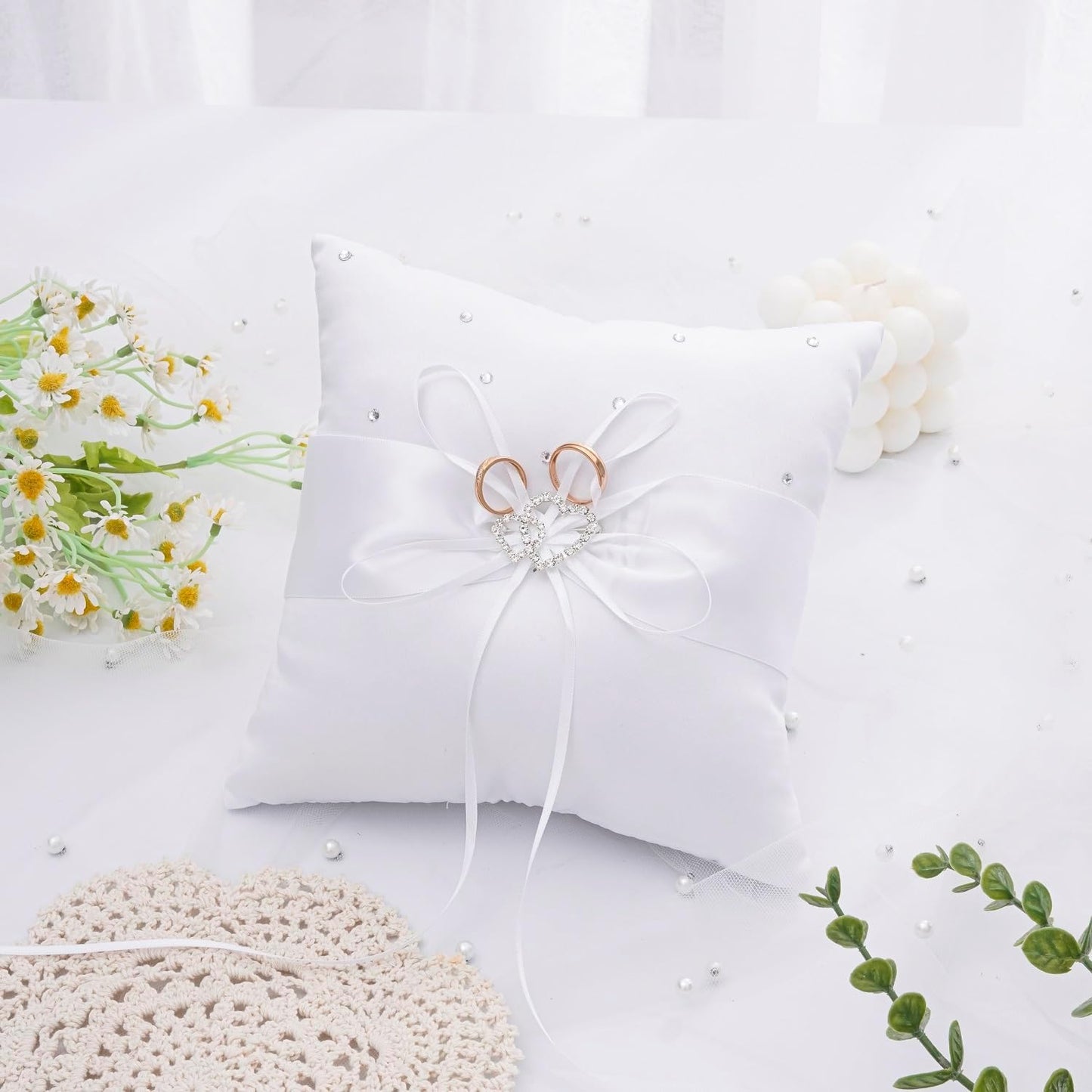 QIRMIZI Wedding Ring Pillow and Flower Girl Basket Set – Adorned with Pearl Rhinestones, White Satin,White