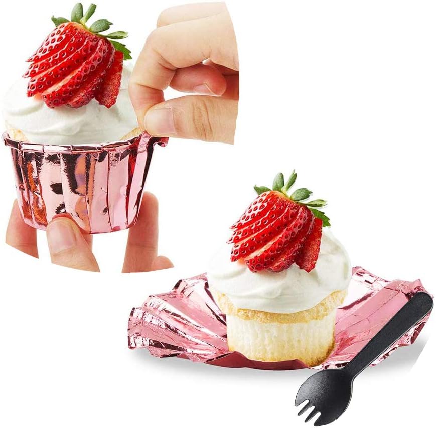Cupcake Liners with Dome Lids 100Pack,Free-Air 3.5Oz Mini Foil Baking Cups Muffin Liners,Disposable Muffin Tin Cupcake Cups for Individual Bakery Wedding Birthday Party, with Spoons-Rose gold