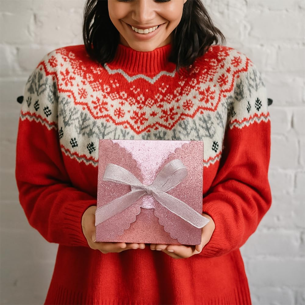 WEWILUCK Pink Glitter Gift Boxes – Foldable Paper Boxes with Ribbon-Tied Lids, Set of 10, Sparkly Present Boxes for Weddings, Bridesmaids, Birthdays, Baby Showers, Party(4.75x4.75x3.53)