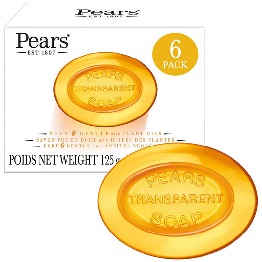 PEARS Glycerin Soap, Transparent Amber with Natural Oils, 6-Pack – Pure & Gentle Cleanser for Soft, Glowing Skin, 4.4 Oz Ea