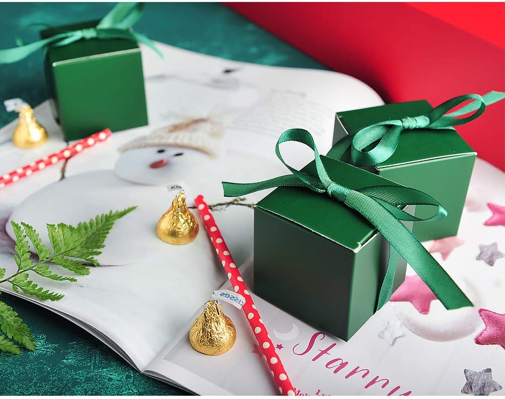 AWELL Dark Green Gift Candy Box Bulk 2x2x2 inches with Green Ribbon Party Favor Box,Pack of 50