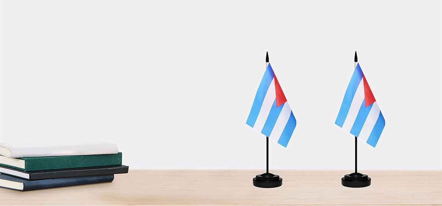 Cuba Cuban Deluxe Desk Flag Set, Small Mini Miniature Cuba Cuban Table Desktop Flags With Solid Pole, Black Base and Spear Top(2 Pack)