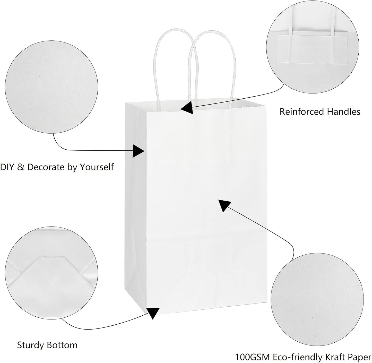 Toovip 50 Pack 5.25x3.25x8.25 Inch Small White Kraft Paper Bags with Handles Bulk, Gift Wrap Bags for Favor Grocery Retail Party Birthday Shopping Business Goody Craft Merchandise Take Out Cub Sacks