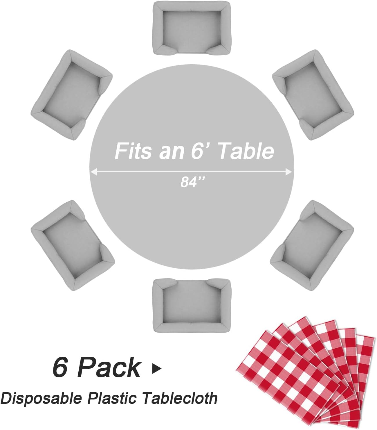 QIKSION Red Gingham Round Tablecloth 6 Pack, 84 Inch Plastic Checkered Table Cover Disposable for Parties