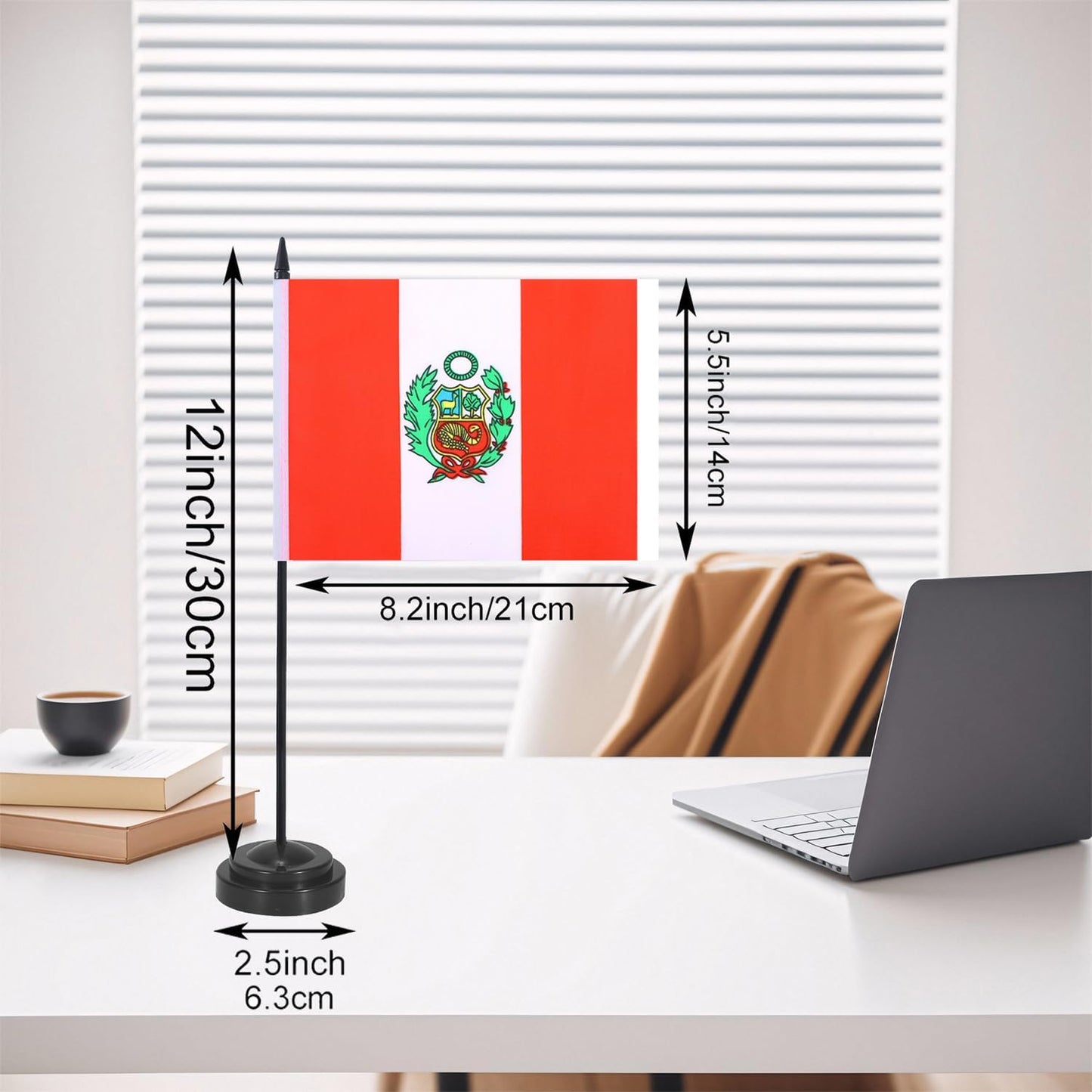 Peru Desk Flag 12" Solid Pole Deluxe Set Peruvian Flags Banner Mini Small Peru Office Table Flags with Black Stand Base Desktop Decorations(2Pack)