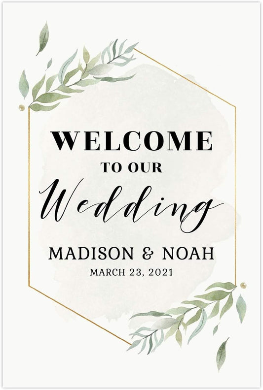 Andaz Press Personalized Extra Large Wedding Easel Board Party Sign, 12x18-inch, Modern Black, Gold with Green Leaves Florals, Welcome to Our Wedding Bride Groom Name Date, 1-Pack, Custom