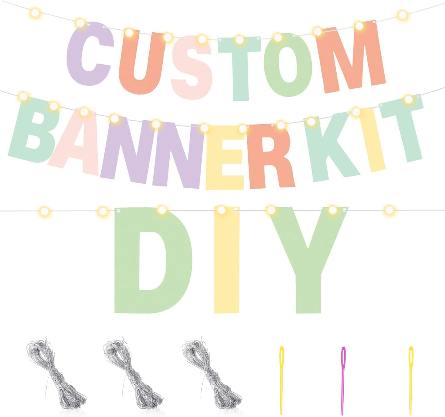 TaoBary 112 Pcs DIY Letter Kit Glitter Customizable Banner Letters Include 107 Letters and Numbers 3 Rope and 2 Needles for Birthday Halloween Christmas Wedding Valentine Party Decor(Macaron Color)