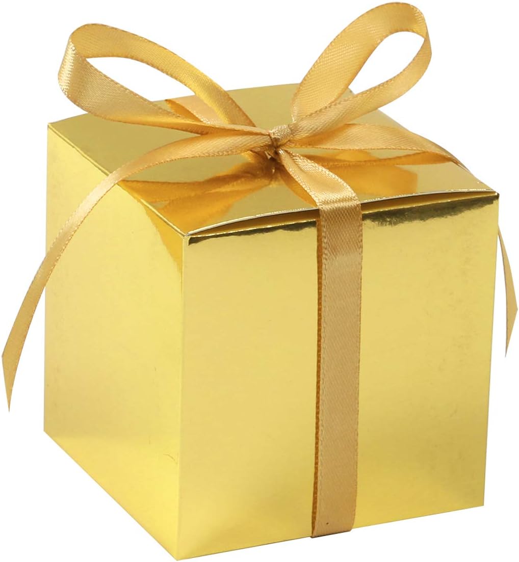 COTOPHER 60pcs Wedding Favor Boxes, Paper Gift Boxes 3x3x3 Inches Small Gift Boxes with Ribbons Small Boxes for Gifts, Crafting, Cupcake, Candy, Bridesmaid Proposal Boxes (Metallic Gold)