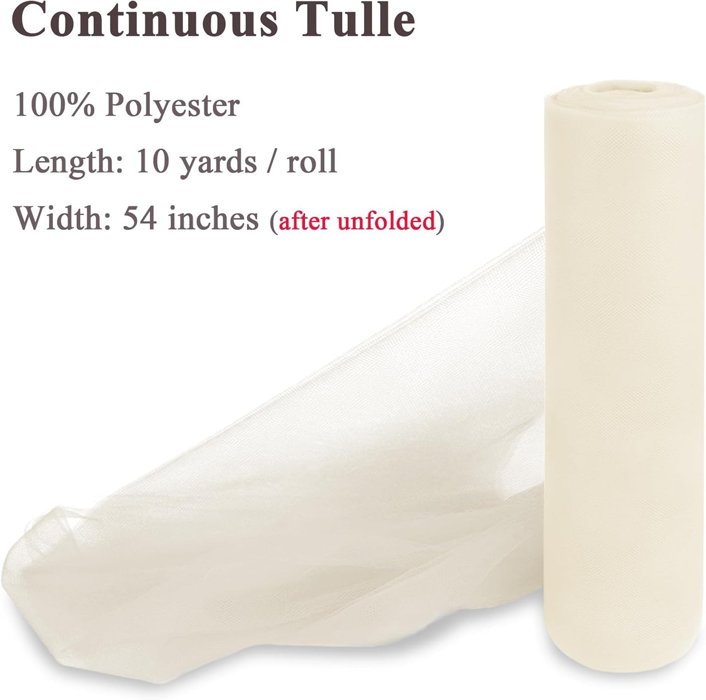 Ivory Tulle Fabric Rolls 54 Inch x 10 Yards Large Mesh Tull Bolt for Wedding, Garden Netting, Tutu Skirt, Party Decoration and Craft Supplies