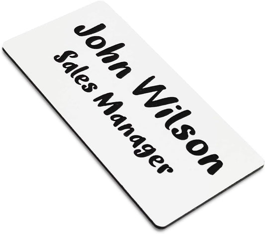 Custom Engraved Name Tag Badges for Business, Personalized Identification with Pin, Magnetic, Adhesive, or Blank Backing, 1.5"x3", White/Black Text