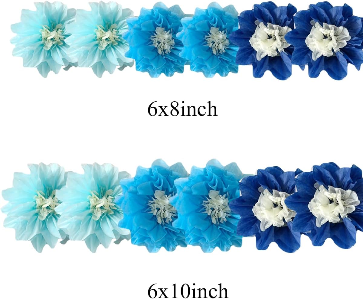 12pcs 8in 10in Paper Pom Poms Blue Hanging Paper Flowers Floral Backdrop Wedding Party Flower Decorations DIY Art Craft Blooms for Birthday Baby Shower Nursery Decor