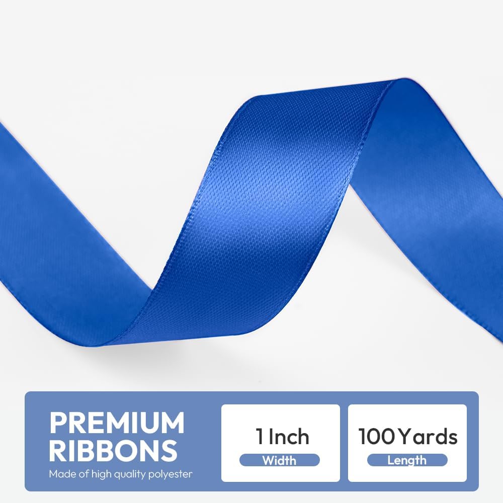 1" x 100 Yards Satin Ribbon - Royal Blue Silk Ribbon with Spool - Ideal for Gift Wrapping, Floral Bouquets, Crafts, Wedding Party Decorations, Christmas and Sewing Projects
