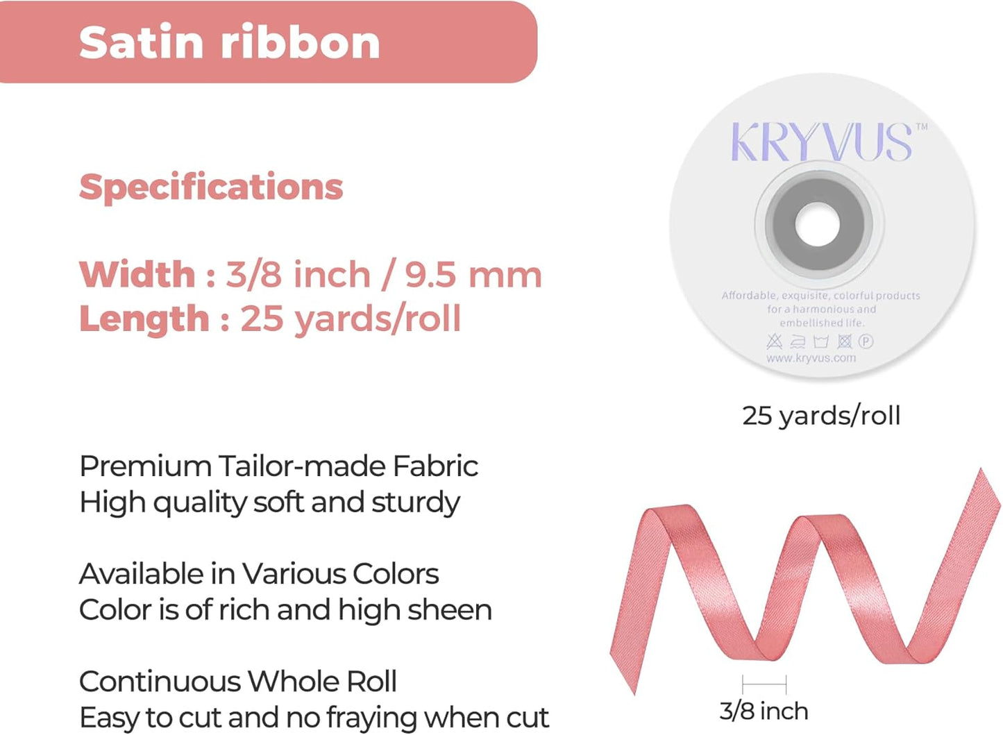Rose Gold Satin Ribbon 3/8 inch X Continuous 25 Yards, Single Face Polyester Ribbon Perfect for Gift Wrapping, Flower Bouquet, Wedding Decor, Crafts, Bow Making, Sewing and More