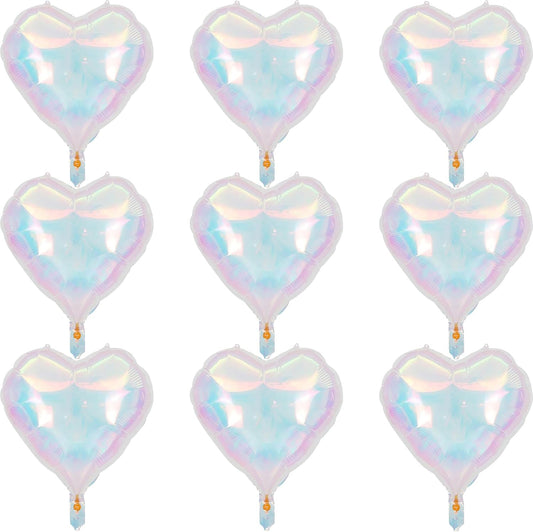 Iridescent Heart Balloons, 9PCS 18Inch Transparent Laser Heart Foil Balloon Large Gradient Crystal Iridescent Colorful Balloon for Birthday Wedding Easter Rainbow Mermaid Fantasy Theme Party Decor