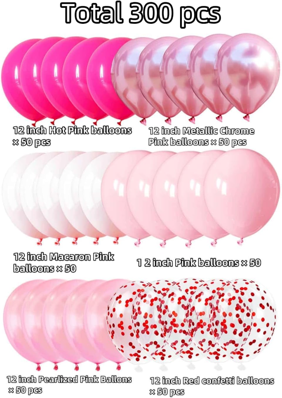 300 Pcs Pink Balloons 12 Inch Different Shades of Pink Party Balloon Set, Suitable for Wedding, Graduation, Birthday Party Various Event Decorations